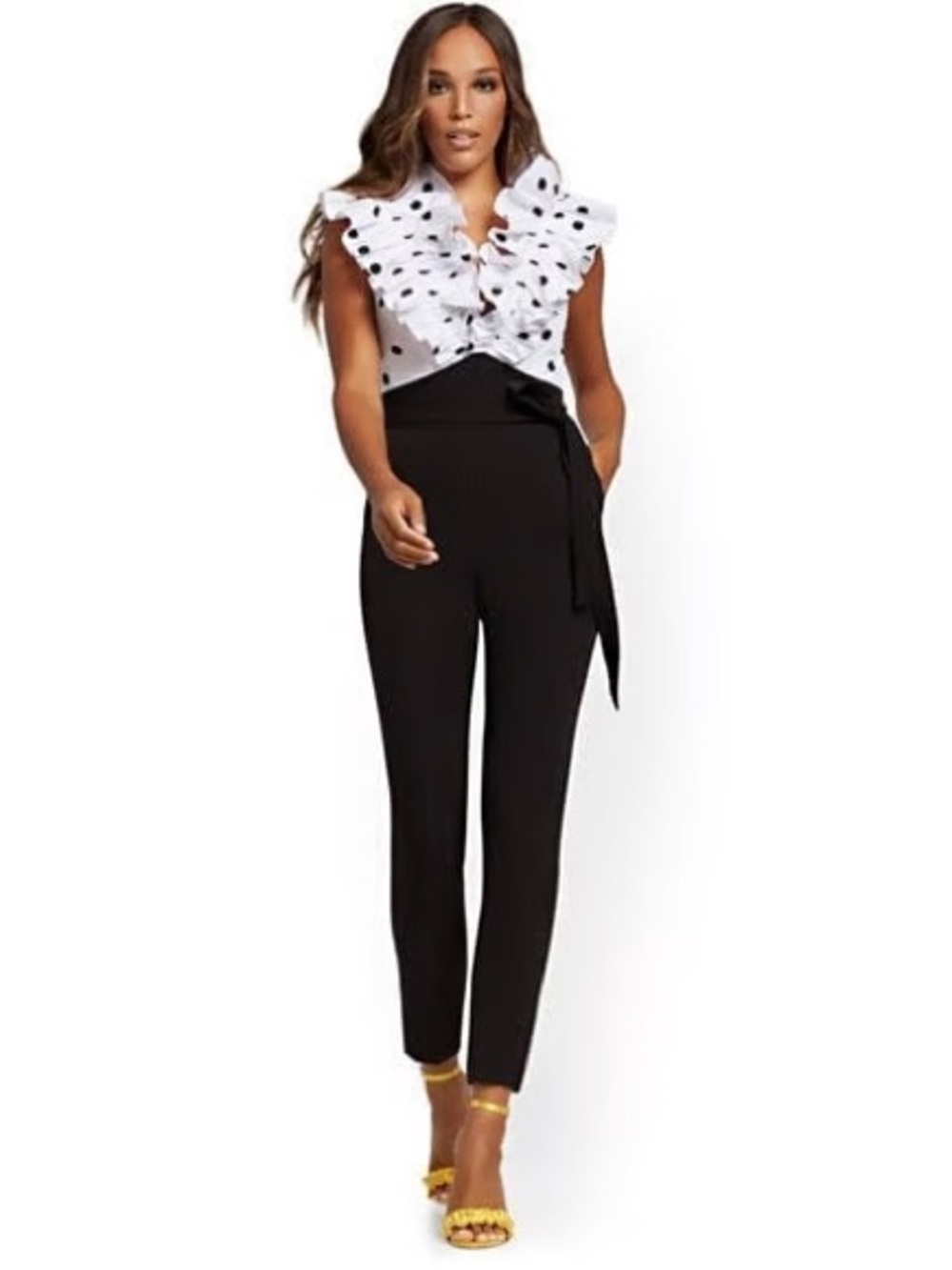 NWT New York & Company Black Jumpsuit with White Polka Dot Ruffle Bodice